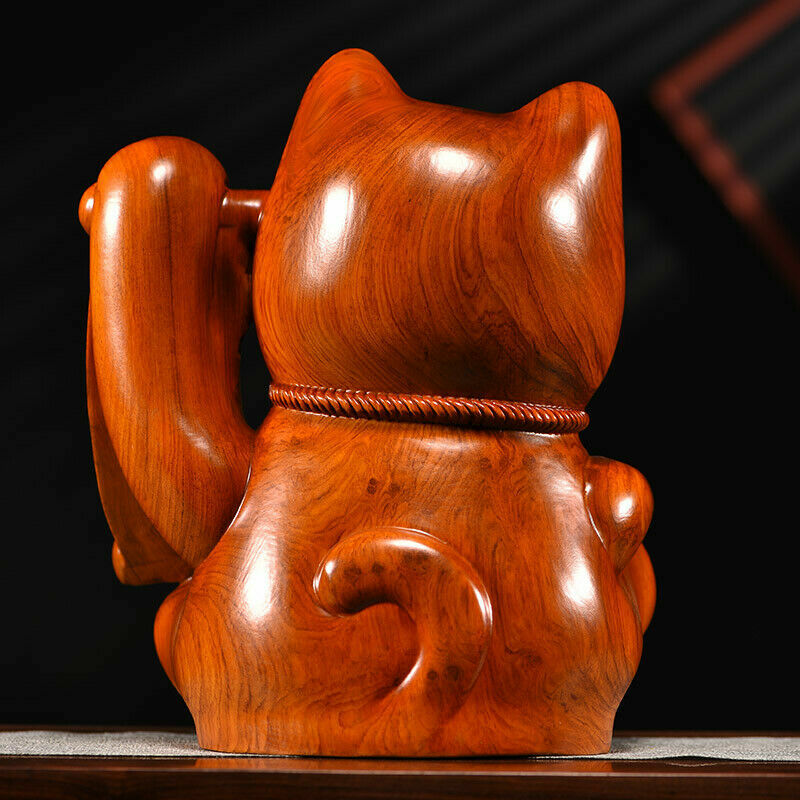 6" Chinese Rosewood Carved Maneki Neko Statue Lucky Cat Feng Shui Decor