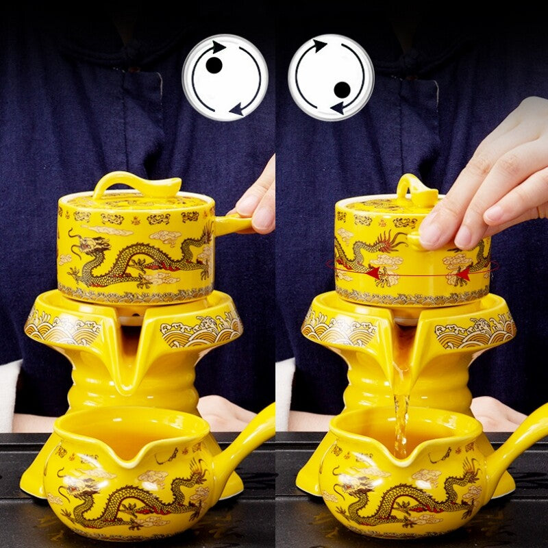 Automatic Tea Set Porcelain Dragon Print Tea Pot Matching Tea Cup Pitcher New
