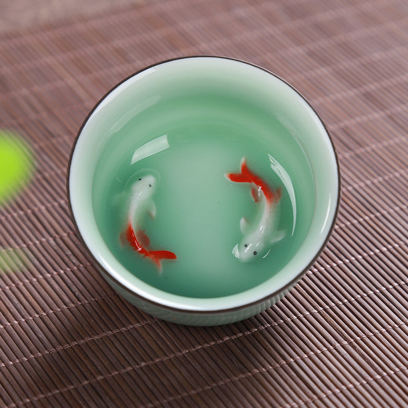Two Packs China Tea Cup Porcelain Fish Relief Cup of Tea Chinese Kungfu Tea Cups