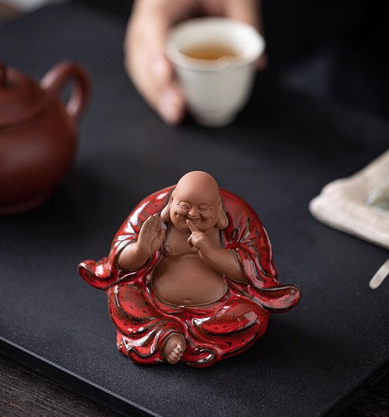 3 Pcs Chinese Zi Sha Clay Laughing Maitreya Buddha Statue Zen Decor