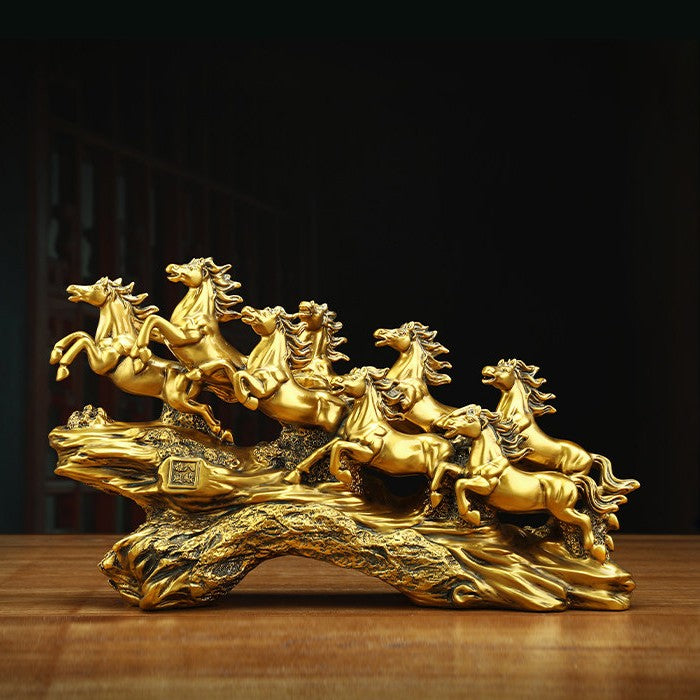 14" China Feng Shui Resin Auspicious Success Nine Horse Pentium Statue