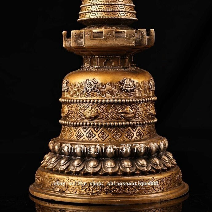 Old Tibet Buddhism Copper 8 Auspicious Symbol Buddha Stupa Pagoda Tower Statue