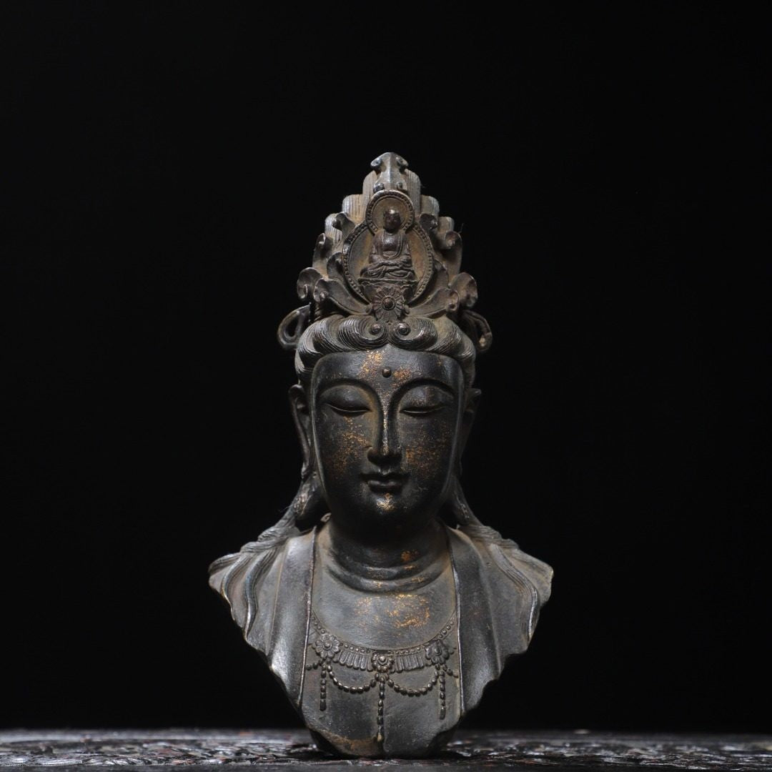 8.7" Old Antique Tibetan Buddhism Temple Bronze Gilt Guanyin Bodhisattva Statue