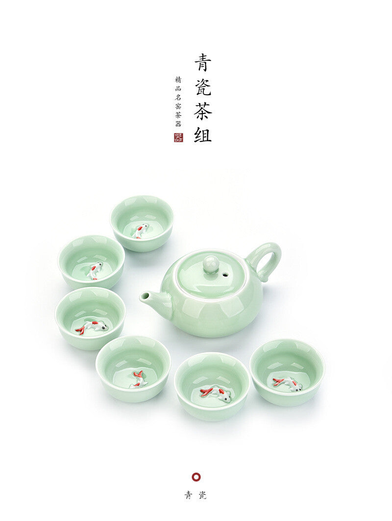 Tea Set Longquan Celadon Ceramic Tea Set Fish Cup Kung Fu Teaset Teapot Teacup