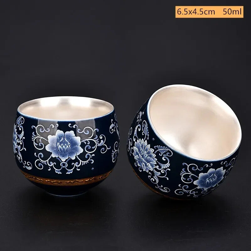 1PC Blue White Gilt Silver Teacup Handmade Ceramic Tea Cup Portable Tea Bowl