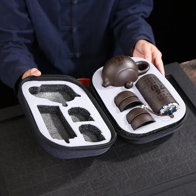 Chinese tea set vintage purple sand tea set Portable Travel Tea Set A pot of four cups Zisha Kung Fu Travel Teapot Gift Set