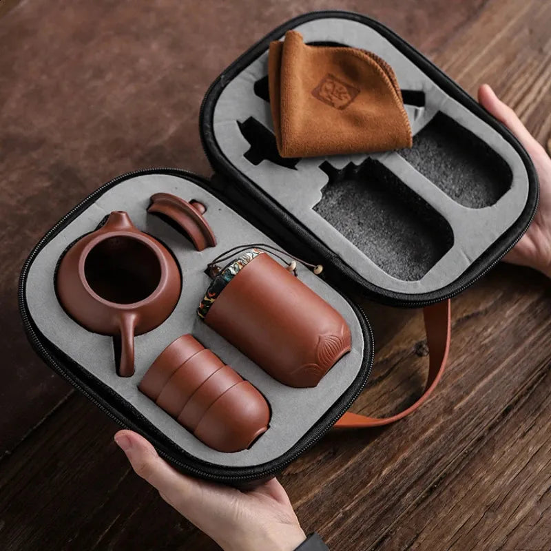 Purple Sand Tea Set One Pot of 4 Cups Tea Box Portable Outdoor Travel Pottery Teapot Tea Ceremony Chinese Tea Set Gifts 240729