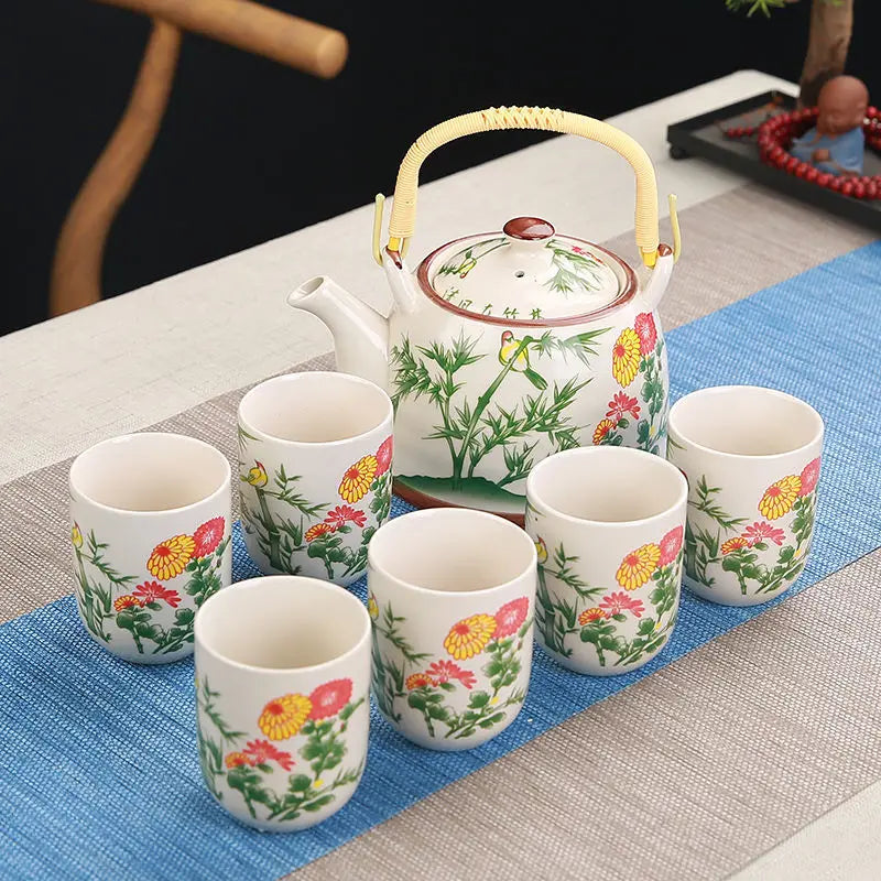 1 Pot 6 Cups Creative CeramicTea Set Handmade TeaPot Cup Chinese Porcelain Gift GungFu Floral Tea Teaware Office Travel Teaware