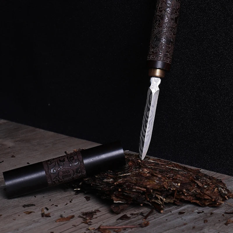 1 Stainless Steel Ebony Pu'Er Tea Cutting Needle Knife Damascus Tea Knife Solid Wood Tea Set Tea Accessories