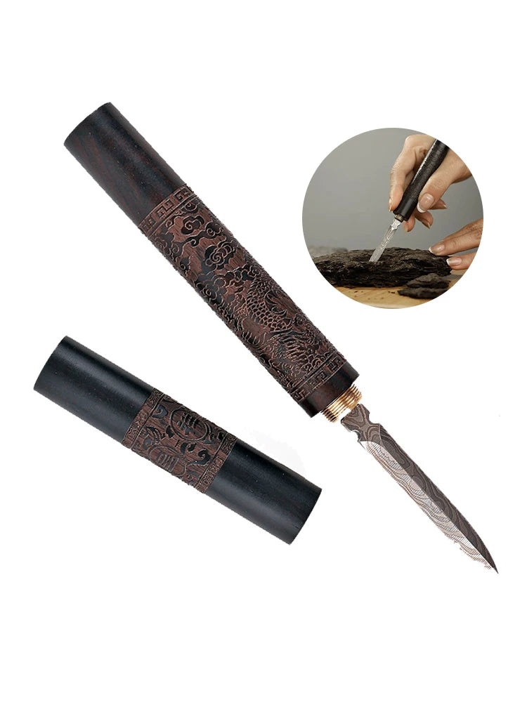 1 Stainless Steel Ebony Pu'Er Tea Cutting Needle Knife Damascus Tea Knife Solid Wood Tea Set Tea Accessories