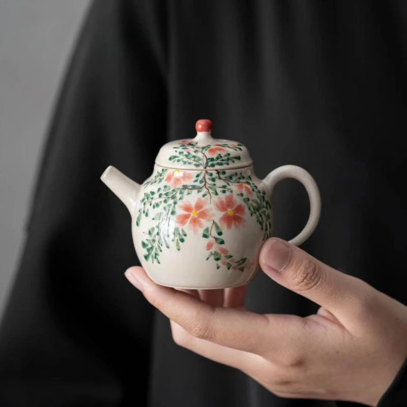 100/165ml Hand-painted Begonia Flower Sketch Teapot Exquisite Single Home Ceramic Tea Maker Kung Fu Tea Set Literati Teapot