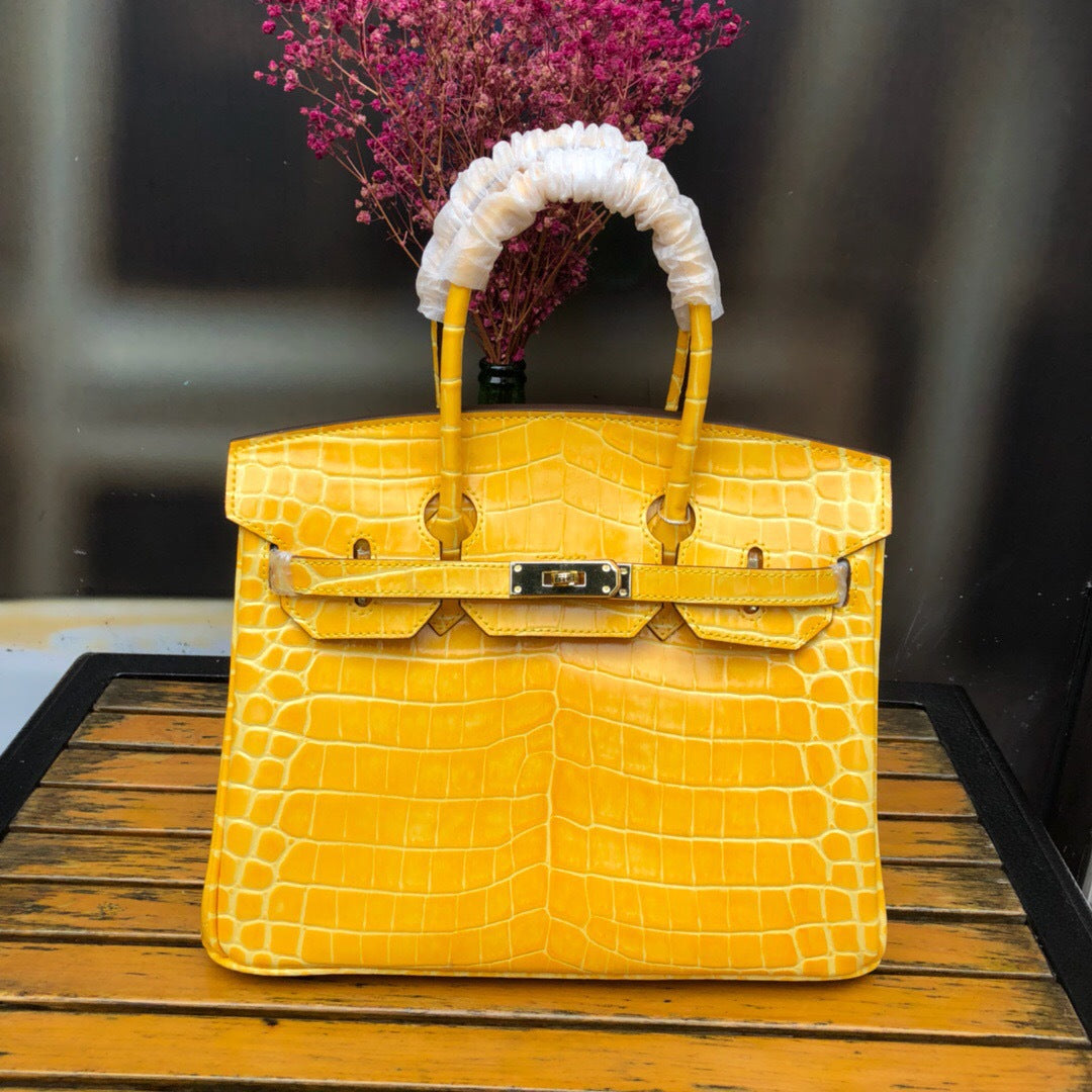 New Trendy Versatile Top Layer Cowhide Crocodile Belly Pattern Birkin Style Large Tote Handbag for Women