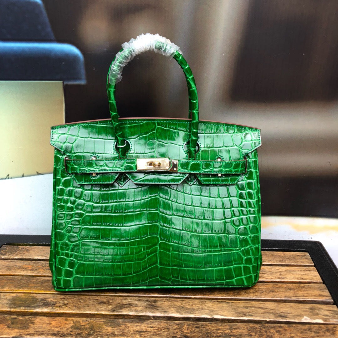 New Trendy Versatile Top Layer Cowhide Crocodile Belly Pattern Birkin Style Large Tote Handbag for Women