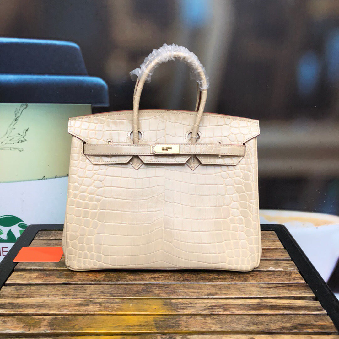 New Trendy Versatile Top Layer Cowhide Crocodile Belly Pattern Birkin Style Large Tote Handbag for Women