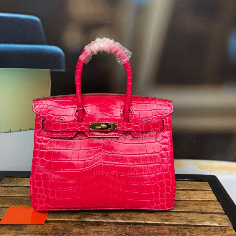 New Trendy Versatile Top Layer Cowhide Crocodile Belly Pattern Birkin Style Large Tote Handbag for Women
