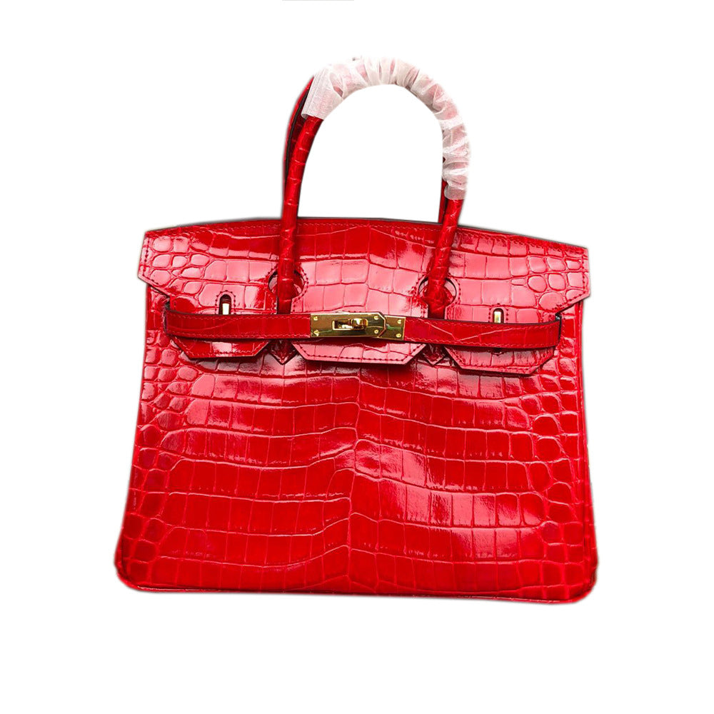 New Trendy Versatile Top Layer Cowhide Crocodile Belly Pattern Birkin Style Large Tote Handbag for Women