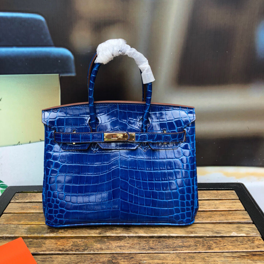 New Trendy Versatile Top Layer Cowhide Crocodile Belly Pattern Birkin Style Large Tote Handbag for Women