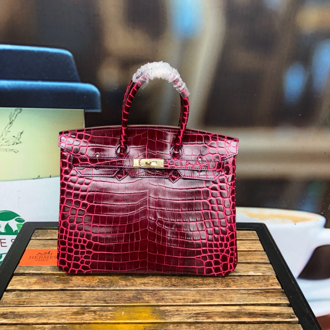 New Trendy Versatile Top Layer Cowhide Crocodile Belly Pattern Birkin Style Large Tote Handbag for Women