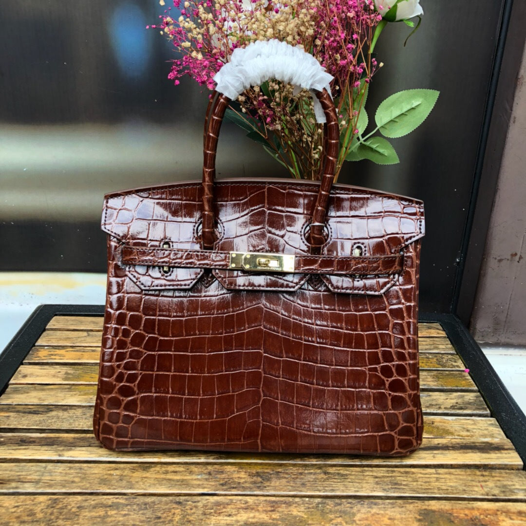 New Trendy Versatile Top Layer Cowhide Crocodile Belly Pattern Birkin Style Large Tote Handbag for Women