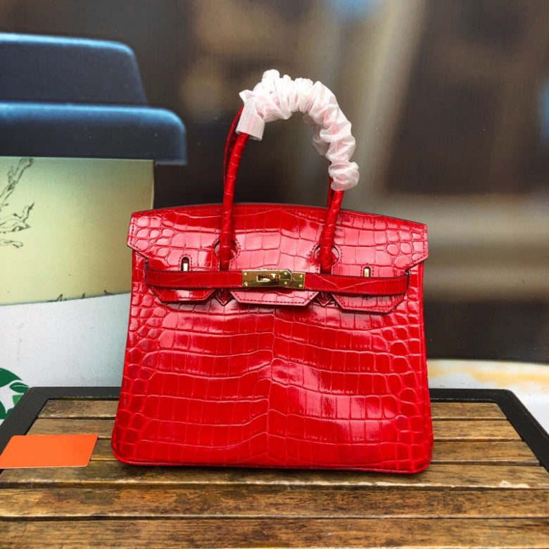 New Trendy Versatile Top Layer Cowhide Crocodile Belly Pattern Birkin Style Large Tote Handbag for Women