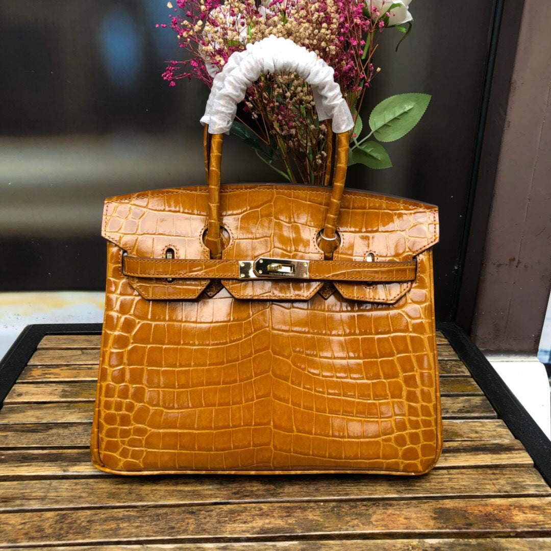 New Trendy Versatile Top Layer Cowhide Crocodile Belly Pattern Birkin Style Large Tote Handbag for Women