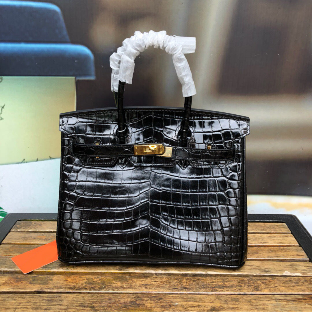 New Trendy Versatile Top Layer Cowhide Crocodile Belly Pattern Birkin Style Large Tote Handbag for Women