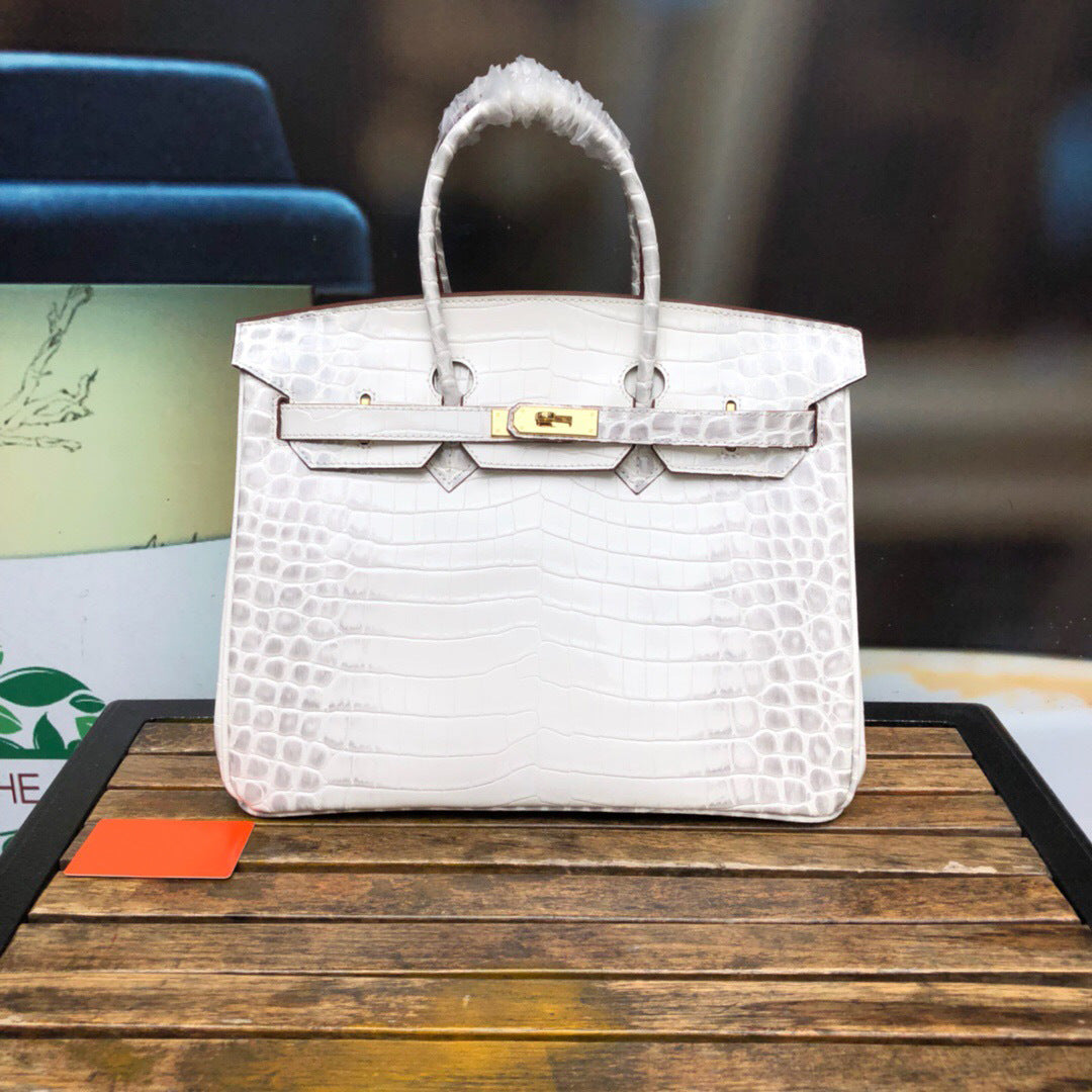 New Trendy Versatile Top Layer Cowhide Crocodile Belly Pattern Birkin Style Large Tote Handbag for Women