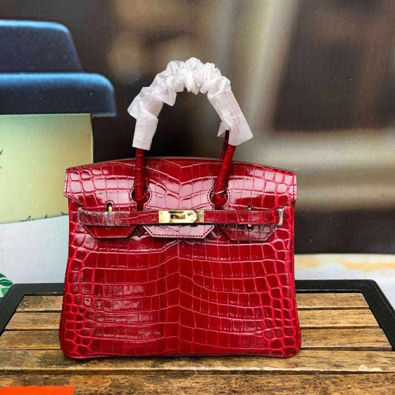 New Trendy Versatile Top Layer Cowhide Crocodile Belly Pattern Birkin Style Large Tote Handbag for Women