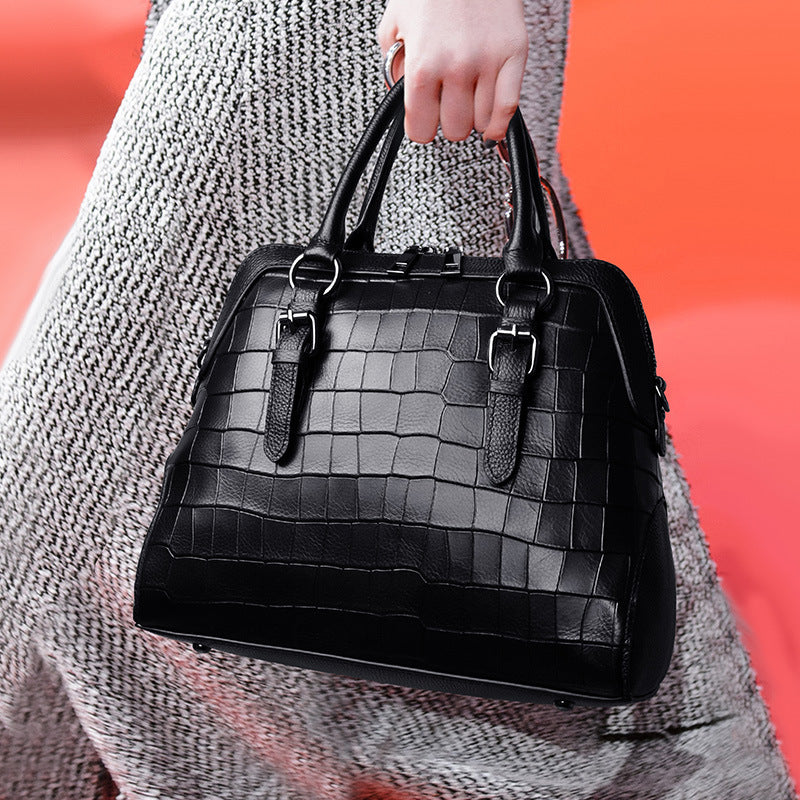 New Arrival Croc-Effect Genuine Leather Shell Bag for Women, A Solid Color Crossbody Handbag with Trendy Fashionable Design, Perfect Everyday Purse