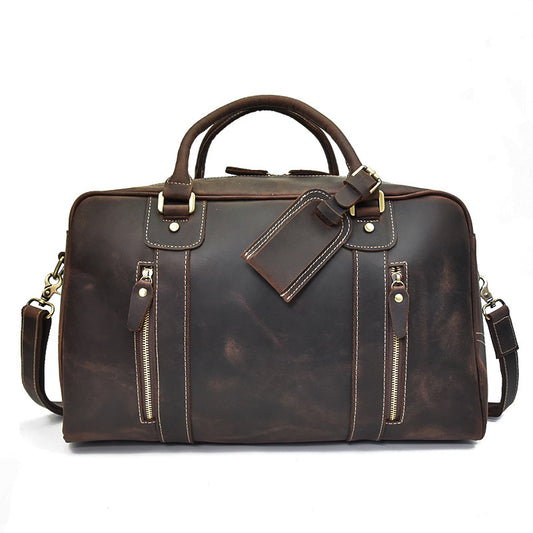Vintage Crazy Horse Leather Large Capacity Travel Duffle, Top Handle Luggage Briefcase, Premium Cowhide Weekender Bag for Men and Women
