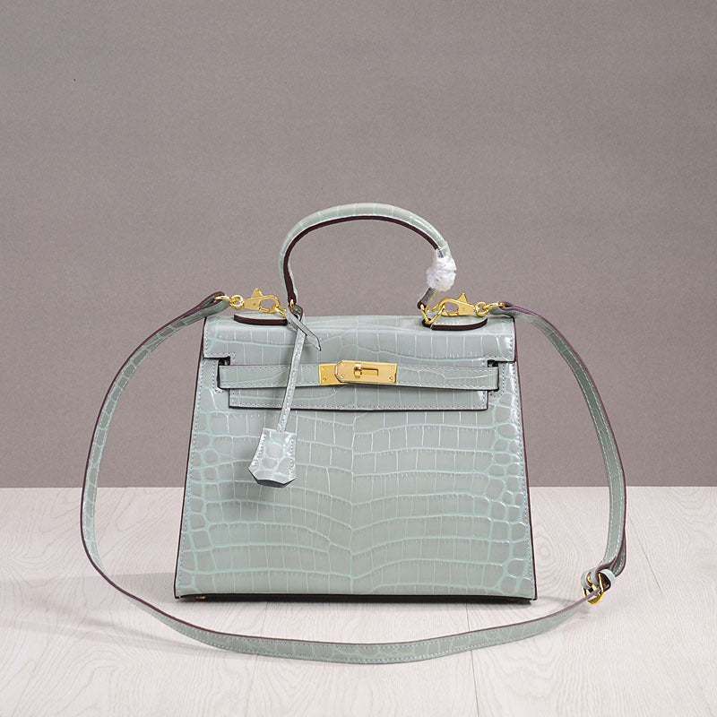 Spring Summer New Women's Genuine Leather Small Crossbody Shoulder Handbag Kelly Style with Crocodile Embossed Pattern