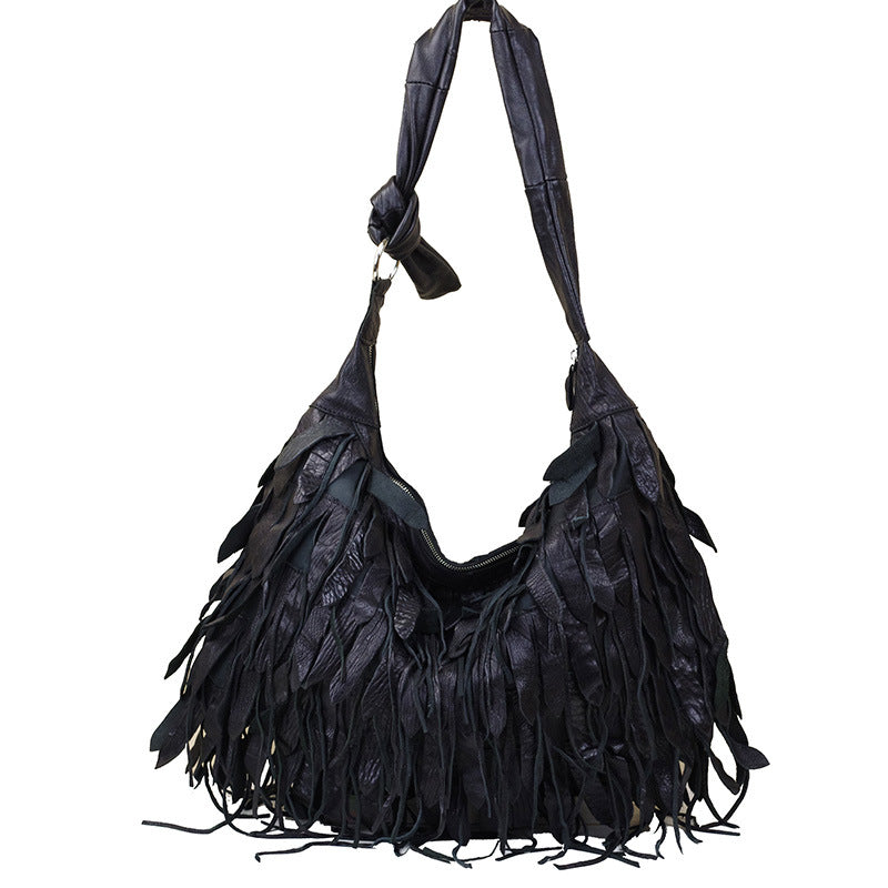 Genuine Sheepskin Leather Black Striped Fringe Hobo Bag for Women, New Arrival Soft Casual Shoulder Crossbody Purse, Stylish Designer Handbag