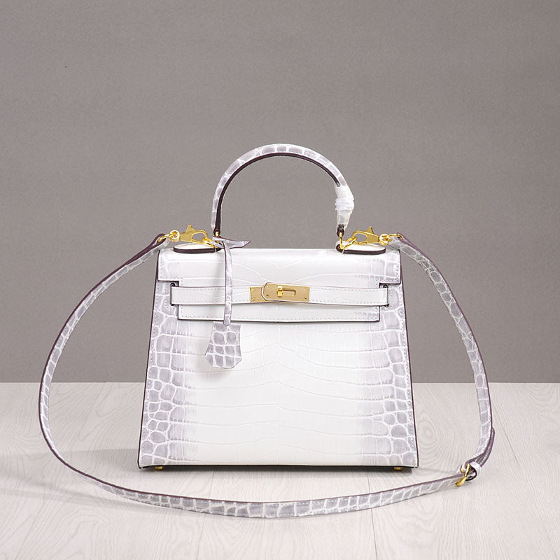 Spring Summer New Women's Genuine Leather Small Crossbody Shoulder Handbag Kelly Style with Crocodile Embossed Pattern