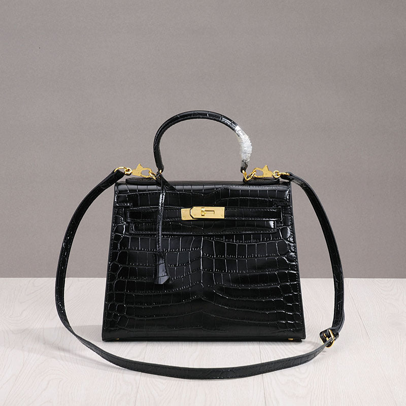 Spring Summer New Women's Genuine Leather Small Crossbody Shoulder Handbag Kelly Style with Crocodile Embossed Pattern