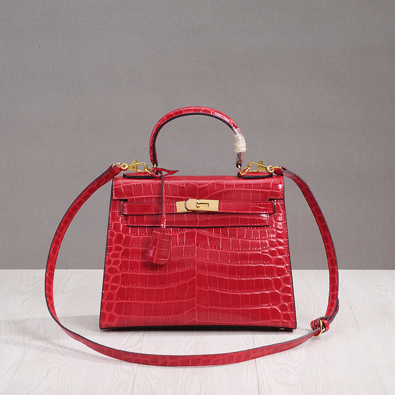 Spring Summer New Women's Genuine Leather Small Crossbody Shoulder Handbag Kelly Style with Crocodile Embossed Pattern