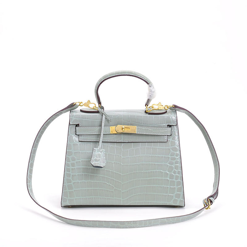 Spring Summer New Women's Genuine Leather Small Crossbody Shoulder Handbag Kelly Style with Crocodile Embossed Pattern