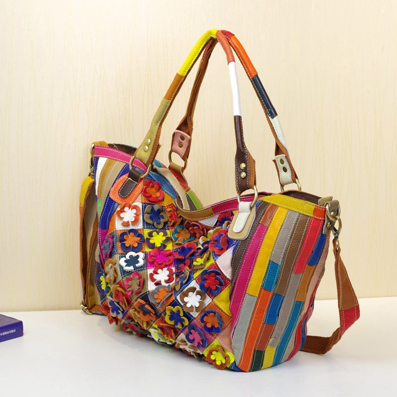Premium Top-Layer Cowhide Leather Floral Color-Block Cross-Body Bag for Women | New Large Casual Ethnic Style Handbag with Unique Artistic Design | Spacious Purse for Work, Errands, Travel & Everyday Chic | Trendy Statement Accessory with Bohemian Fl