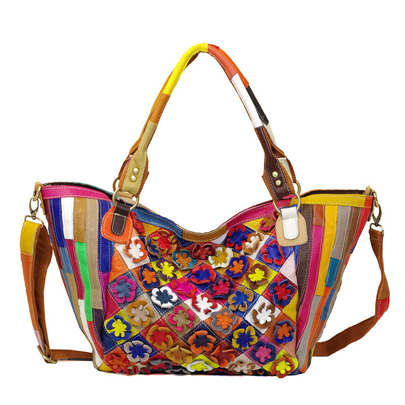 Premium Top-Layer Cowhide Leather Floral Color-Block Cross-Body Bag for Women | New Large Casual Ethnic Style Handbag with Unique Artistic Design | Spacious Purse for Work, Errands, Travel & Everyday Chic | Trendy Statement Accessory with Bohemian Fl
