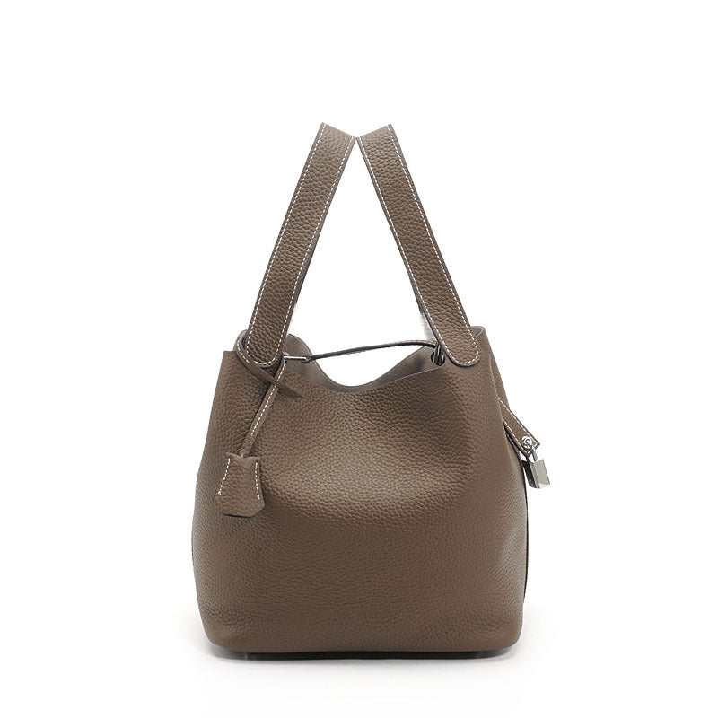 Genuine Top Layer Pebbled Cowhide Leather Bucket Bag for Women, New Fashionable Basket Mini Top Handle Handbag, Trendy Casual Purse for Ladies