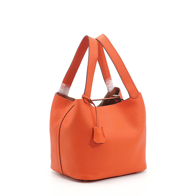 Genuine Top Layer Pebbled Cowhide Leather Bucket Bag for Women, New Fashionable Basket Mini Top Handle Handbag, Trendy Casual Purse for Ladies
