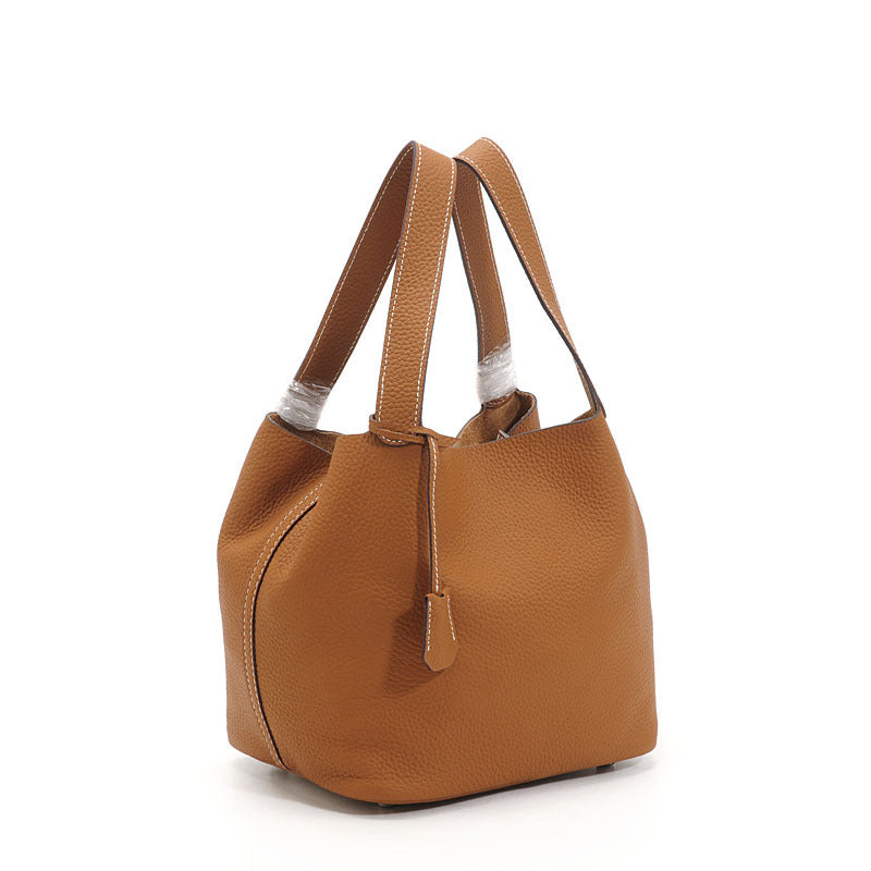 Genuine Top Layer Pebbled Cowhide Leather Bucket Bag for Women, New Fashionable Basket Mini Top Handle Handbag, Trendy Casual Purse for Ladies