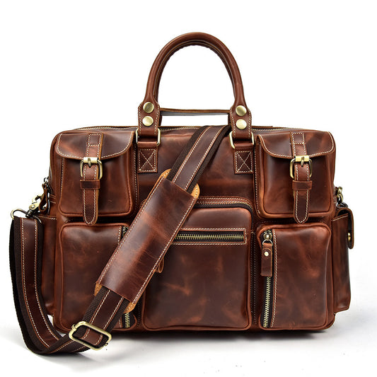 Genuine Crazy Horse Cowhide Briefcase for Men, Vintage Large Capacity Top Handle Shoulder Crossbody Bag, Work Commute Laptop Computer Bag for Gentlemen