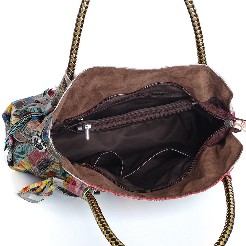 Genuine Leather Snakeskin Colorful Stripe Handbag for Women, European Style Top Handle Crossbody Commute Purse, Light Luxury Designer Bag for Ladies