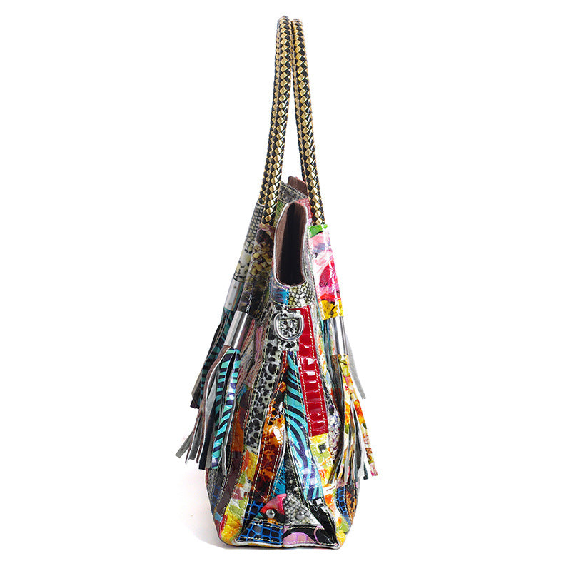Genuine Leather Snakeskin Colorful Stripe Handbag for Women, European Style Top Handle Crossbody Commute Purse, Light Luxury Designer Bag for Ladies