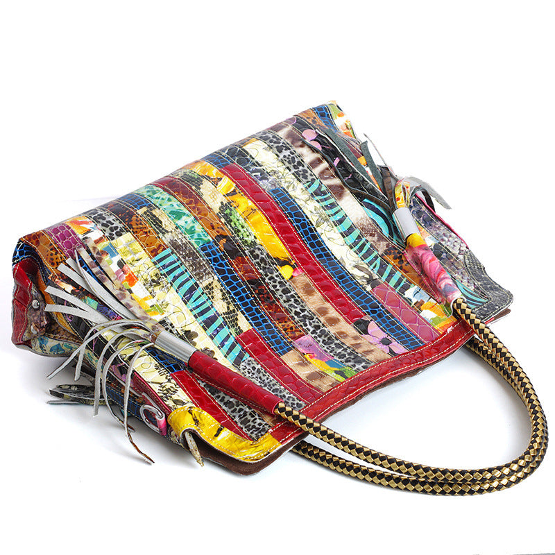 Genuine Leather Snakeskin Colorful Stripe Handbag for Women, European Style Top Handle Crossbody Commute Purse, Light Luxury Designer Bag for Ladies