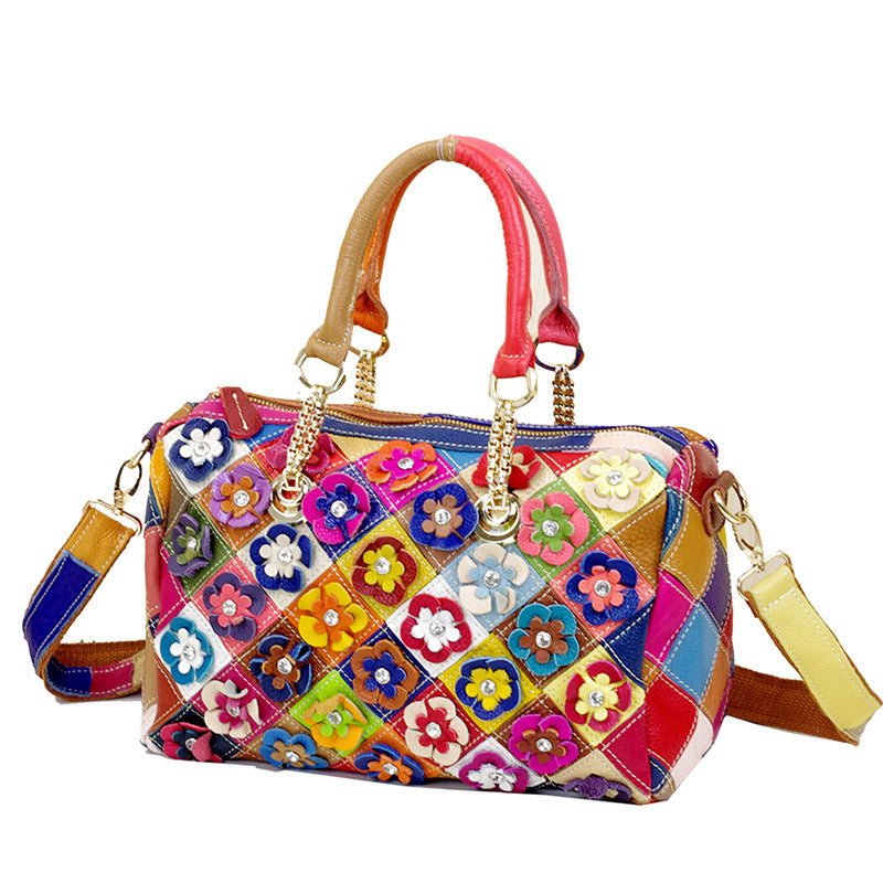 Genuine Cowhide Colorful Floral Handbag for Women, New Arrival Top Handle Crossbody Purse, Stylish Designer Bag for Ladies