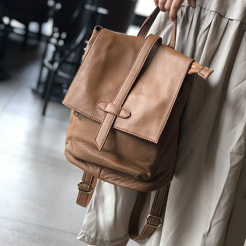 Genuine Top Layer Cowhide Vintage Backpack for Women, Minimalist Casual Travel Daypack, Soft Leather Artisan Handmade Bag for Ladies