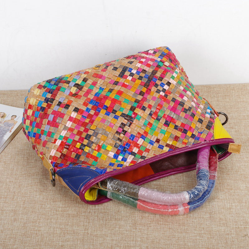 Genuine Leather Handwoven Vintage Ethnic Colorful Handbag for Women, Top Handle Crossbody Purse, Unique Bohemian Design, Casual Travel Bag for Ladies