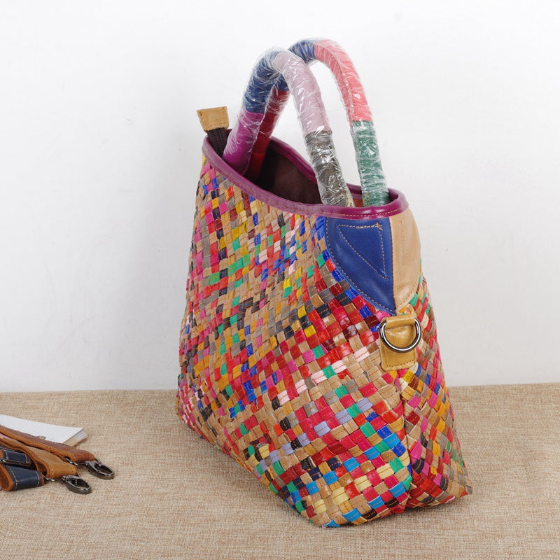 Genuine Leather Handwoven Vintage Ethnic Colorful Handbag for Women, Top Handle Crossbody Purse, Unique Bohemian Design, Casual Travel Bag for Ladies