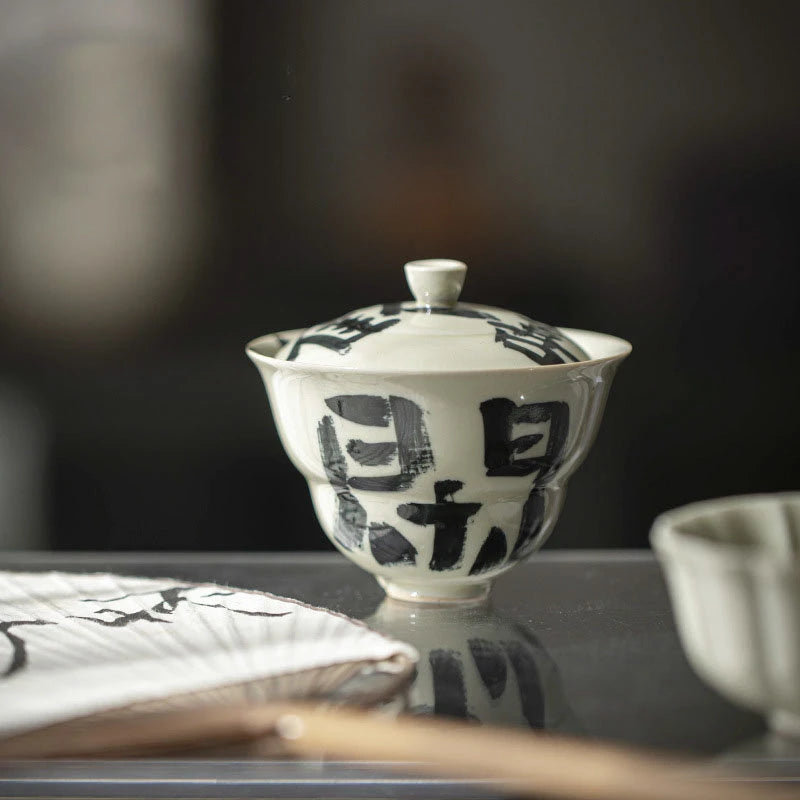 110ml Retro Plant Gray Ceramic Tea Tureen Handwritten Art Gourd Cover Bowl Tea Bowl with Cover Tea Maker Gaiwan Kung Fu Tea Set
